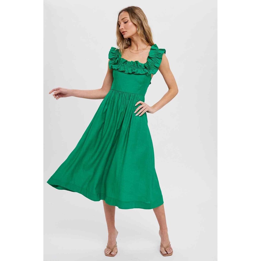 Green Ruffle Square-Neck Midi Dress